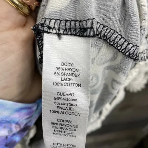 Chico's Women's Medallion Print 3/4 Sleeve Knit Lace Trim Top Sz 0/S/4 Black - Picture 8 of 9